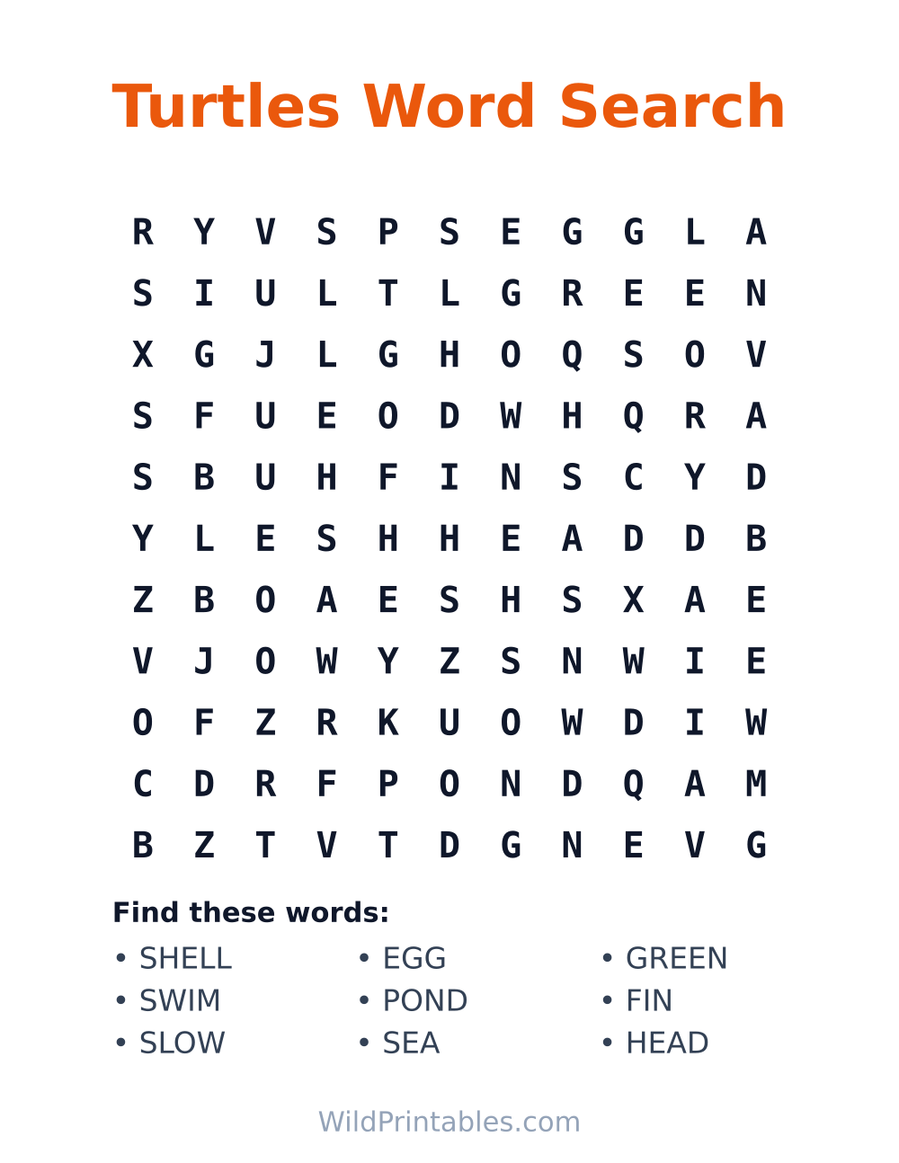 Turtles Word Search — free printable word search for kids