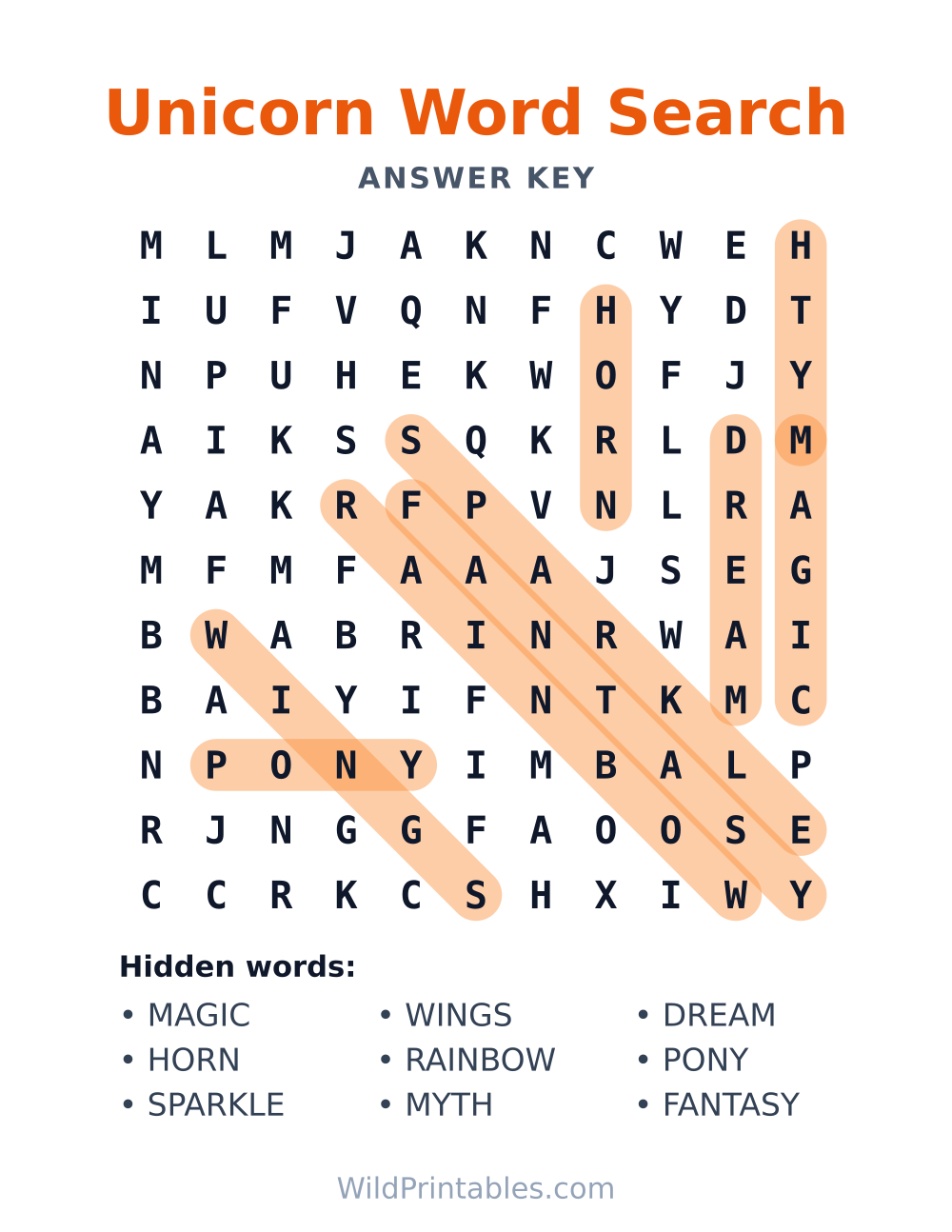 Unicorn Word Search — answer key
