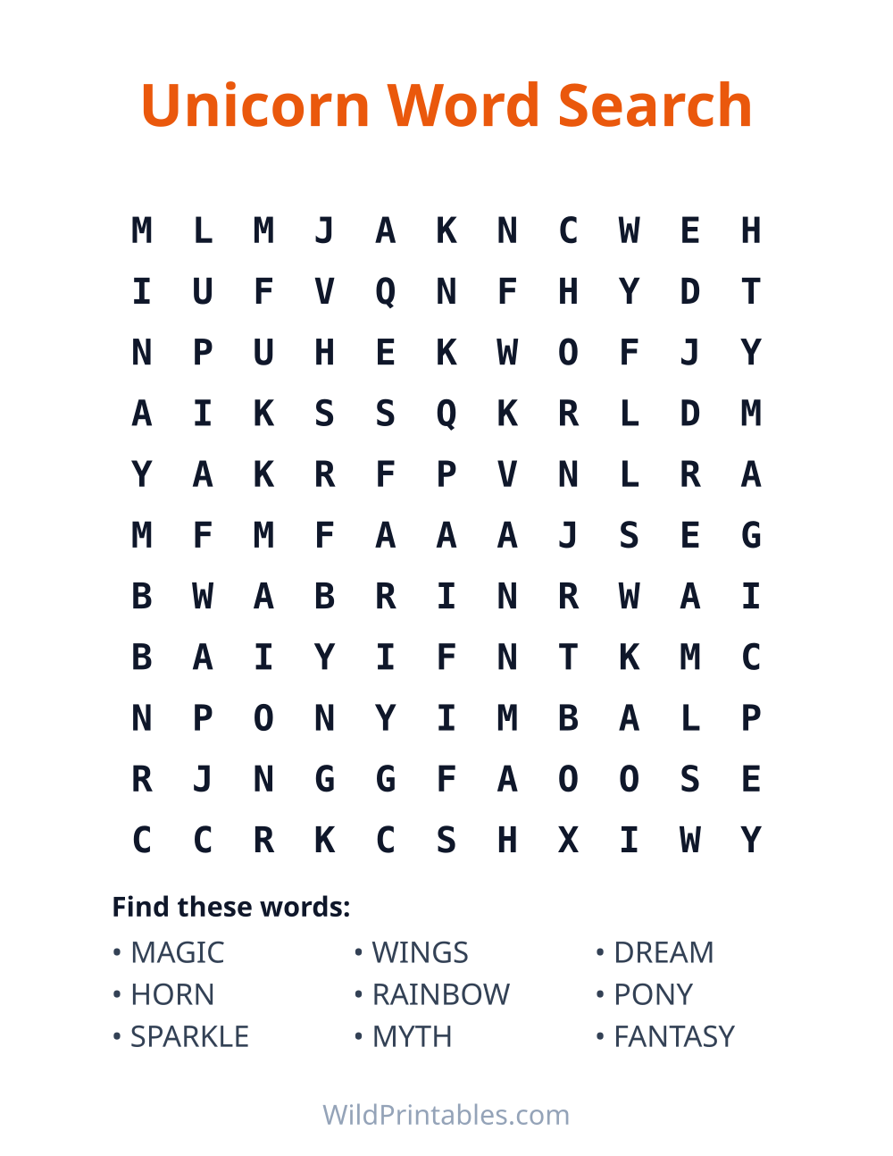 Unicorn Word Search — free printable word search for kids to print and color at home