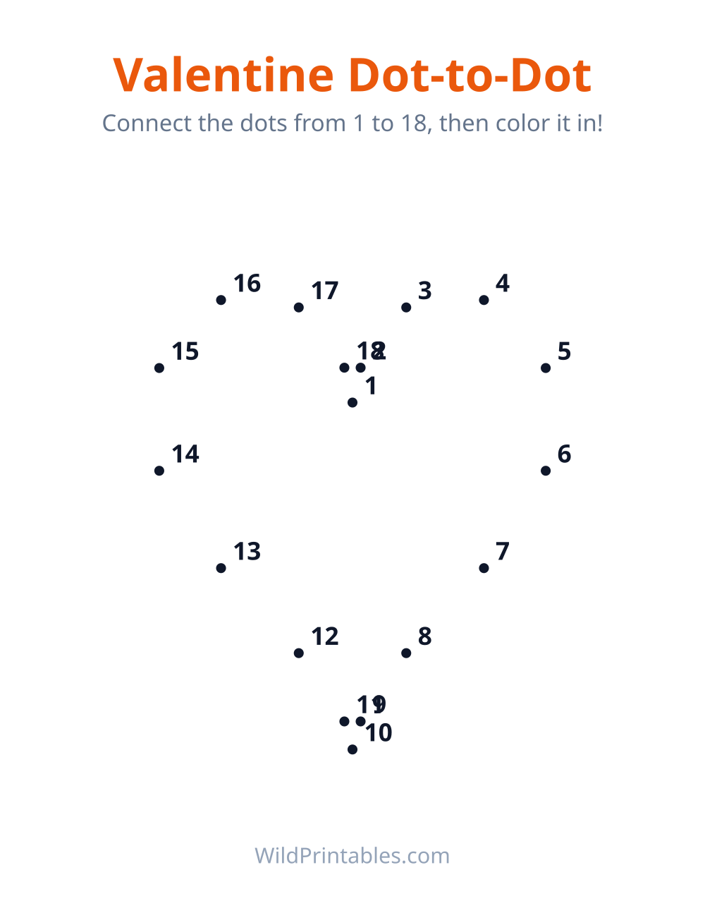 Valentine Heart Connect the Dots — free printable connect dots for kids to print and color at home
