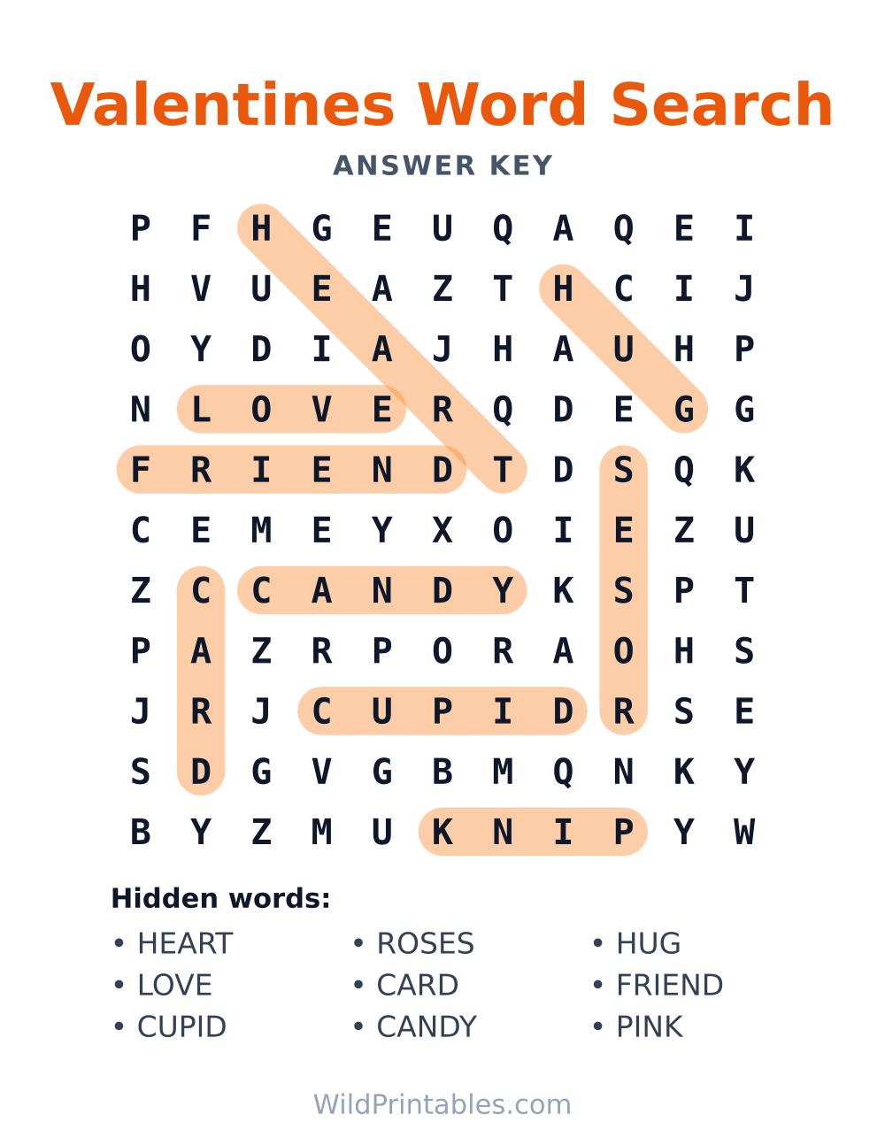 Valentines Word Search — answer key