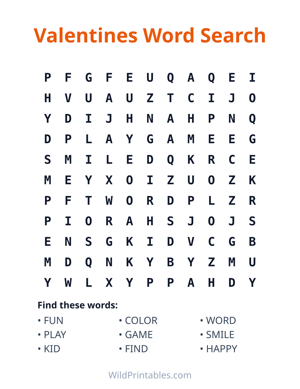 Valentines Word Search — free printable word search for kids