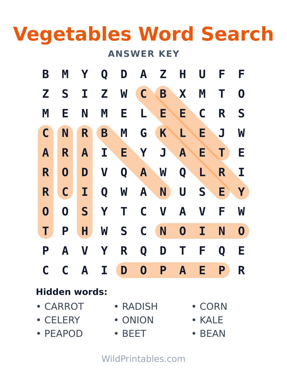 Vegetables Word Search — answer key