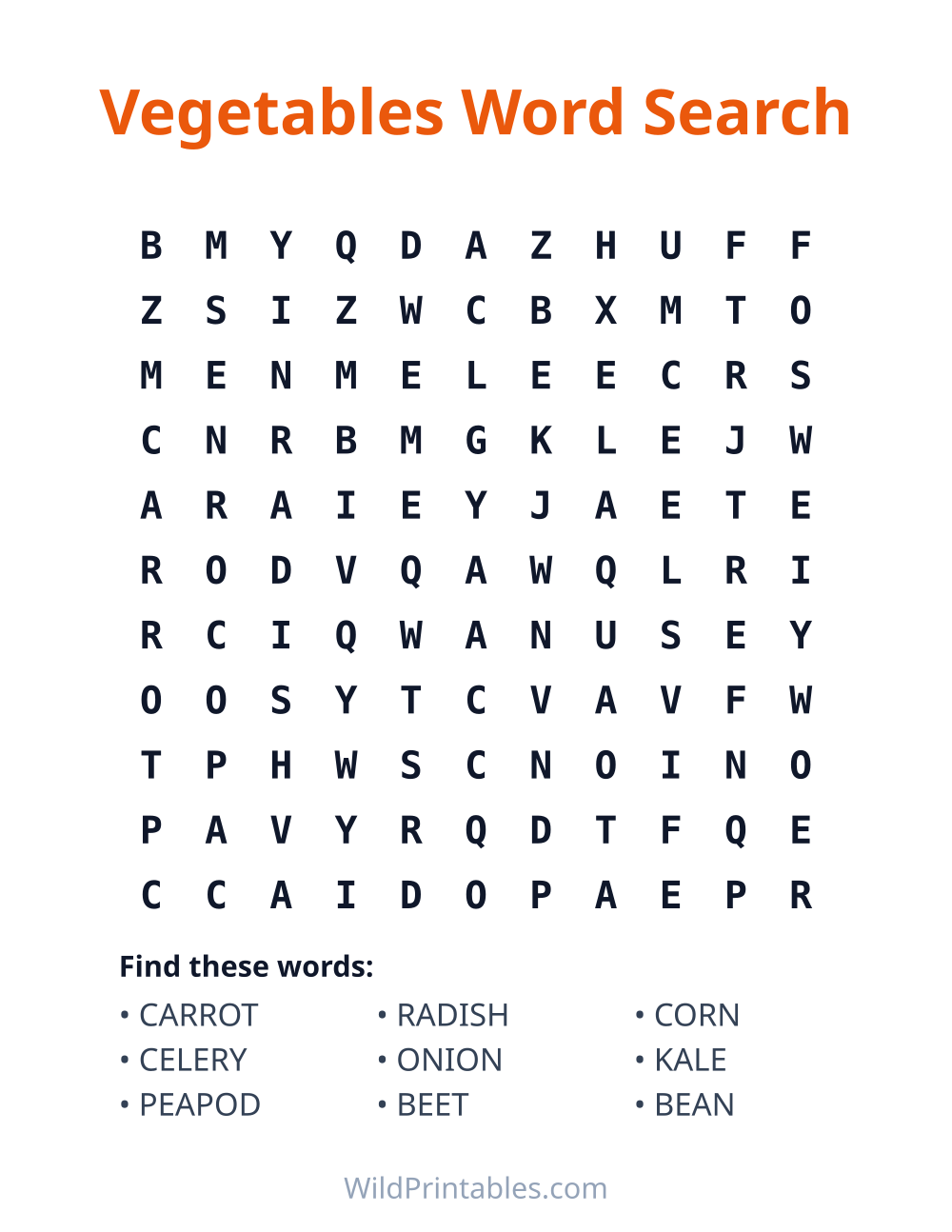 Vegetables Word Search — free printable word search for kids to print and color at home