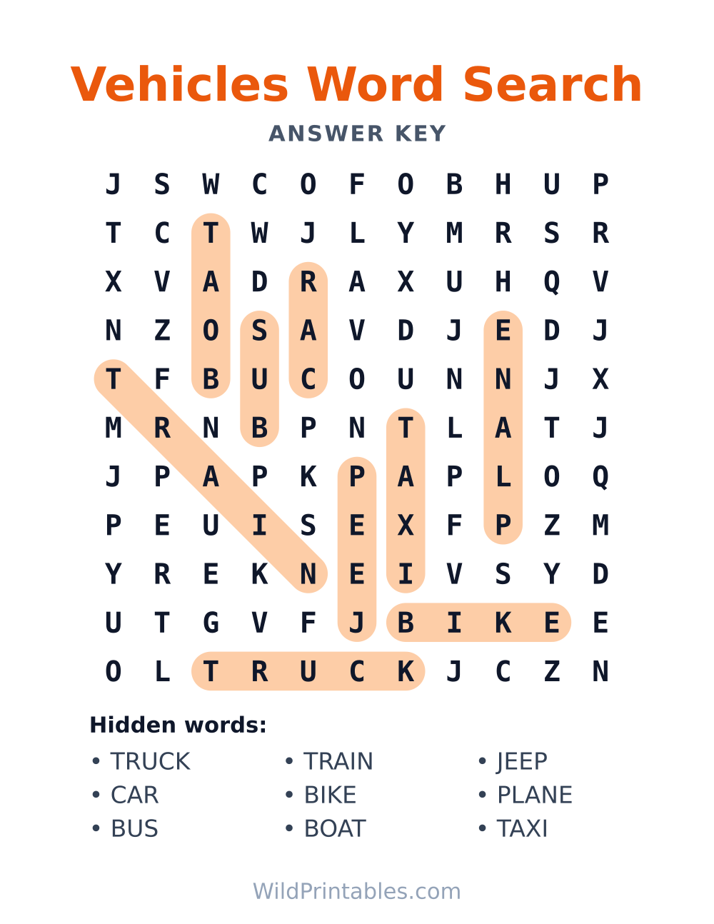 Vehicles Word Search — answer key