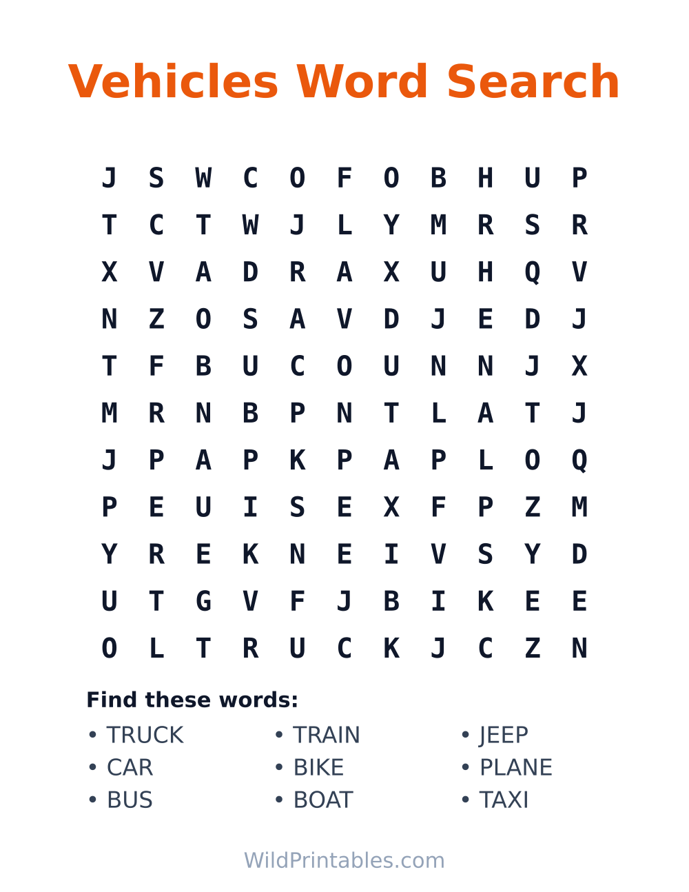 Vehicles Word Search — free printable word search for kids