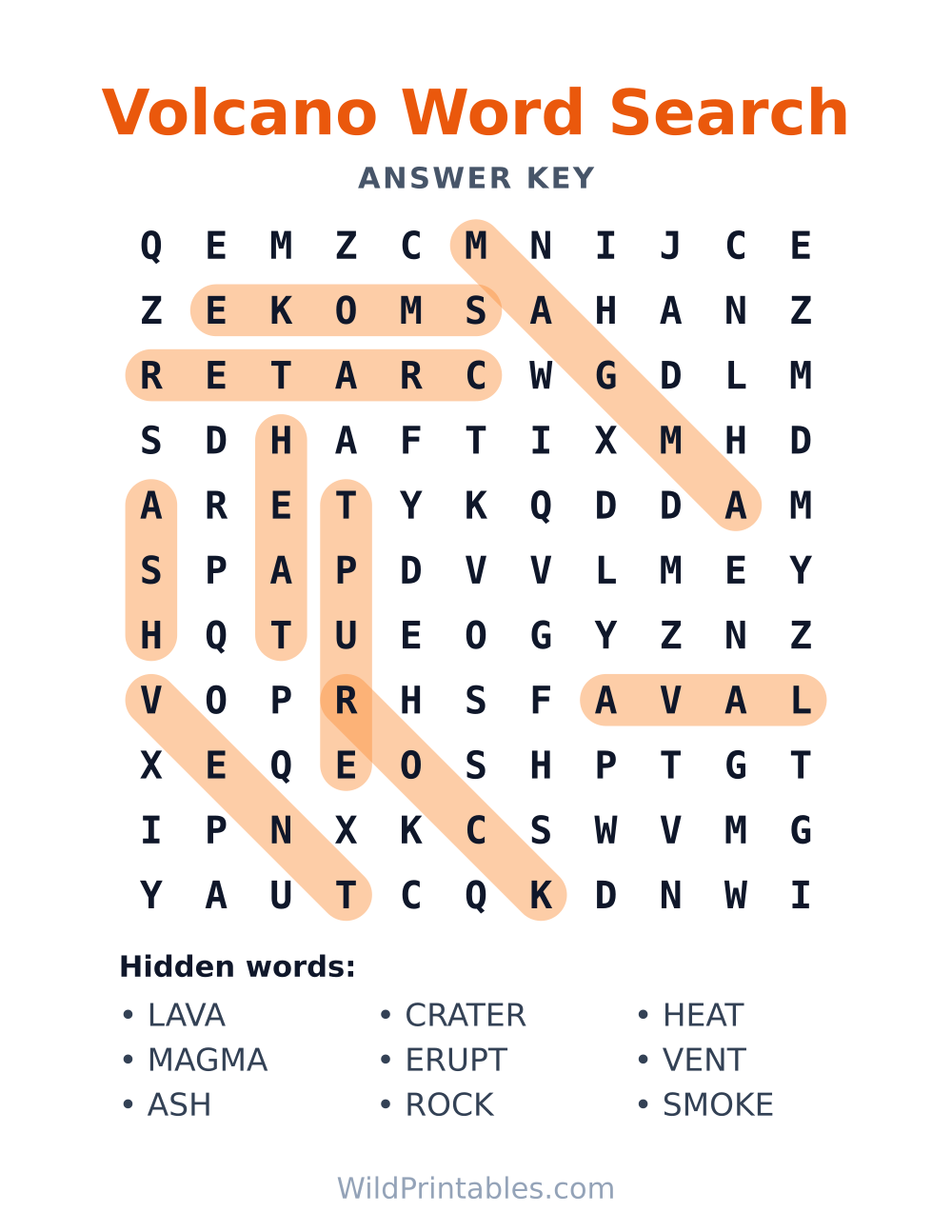 Volcano Word Search — answer key