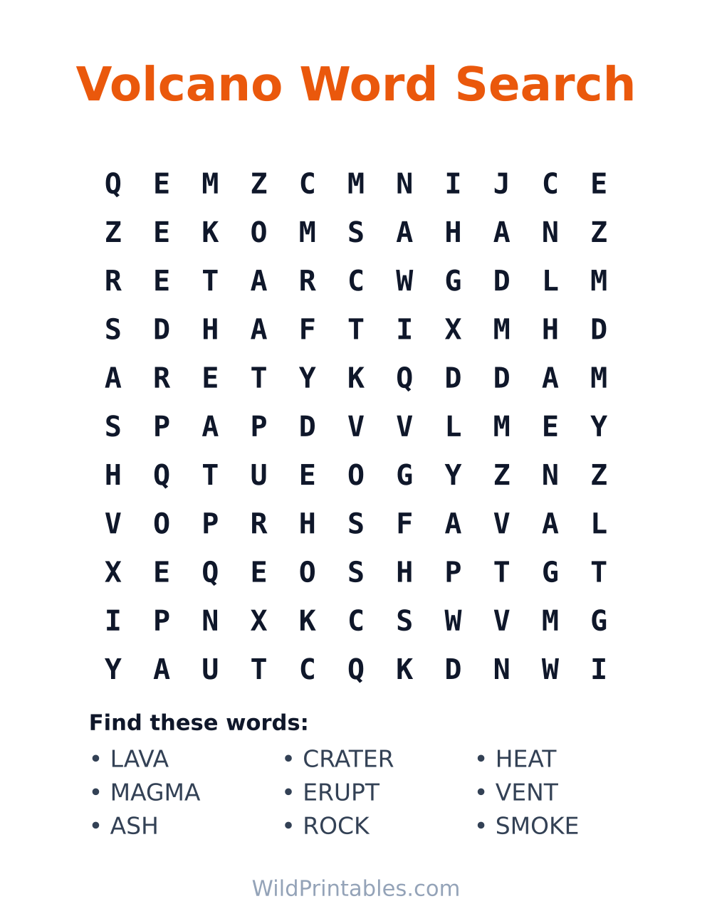 Volcano Word Search — free printable word search for kids