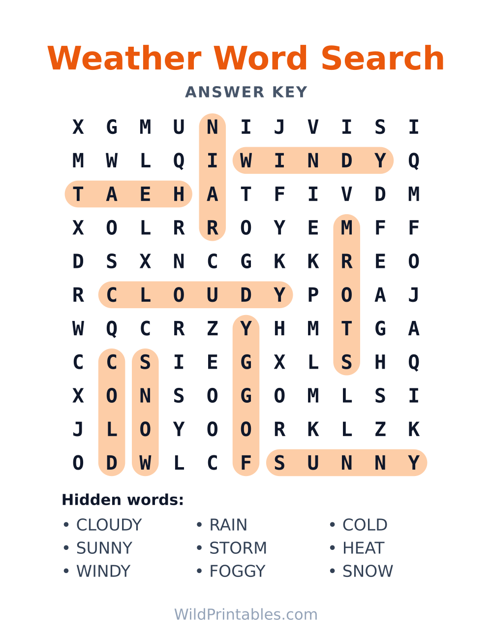 Weather Word Search — answer key