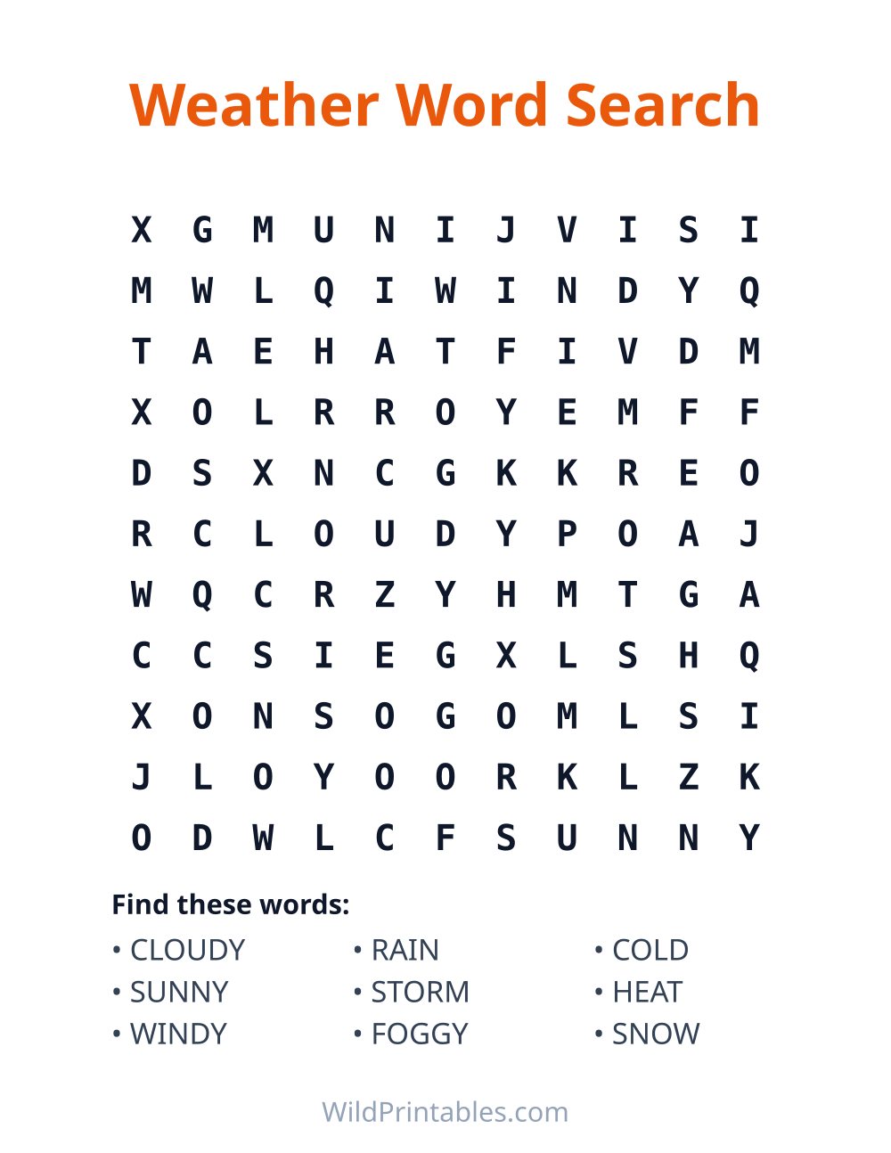 Weather Word Search — free printable word search for kids to print and color at home