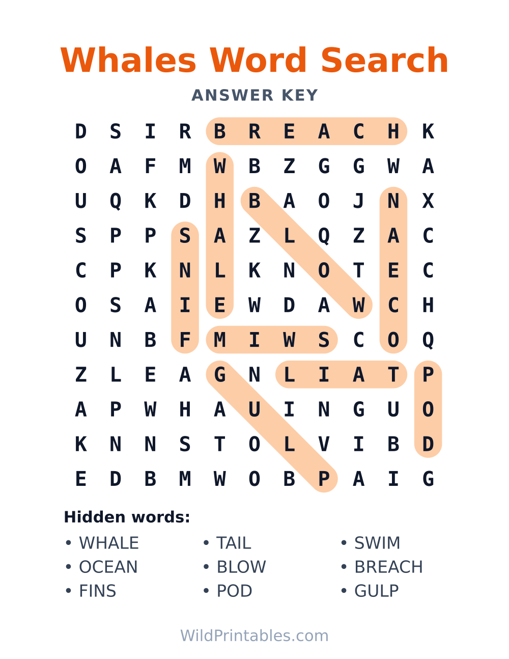 Whales Word Search — answer key