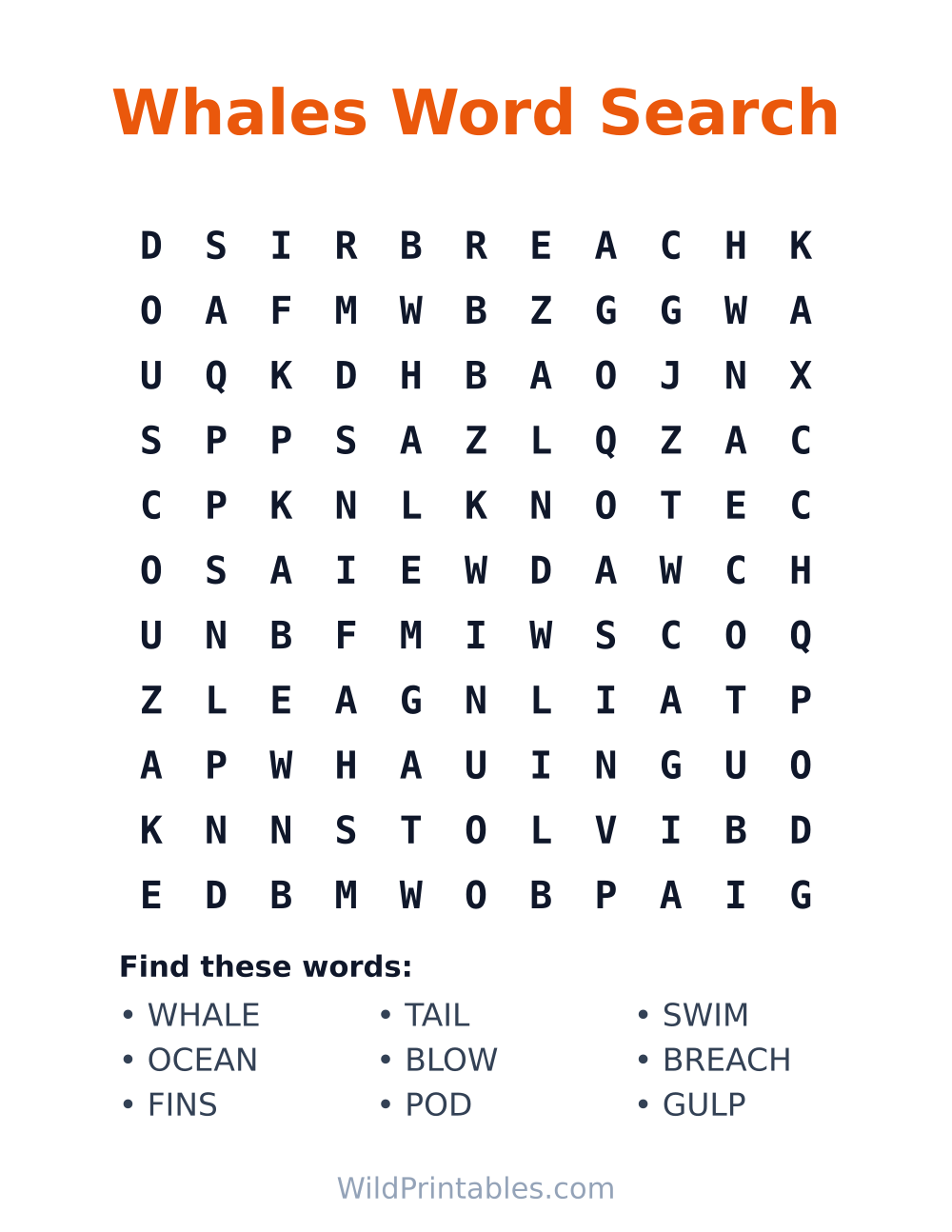 Whales Word Search — free printable word search for kids