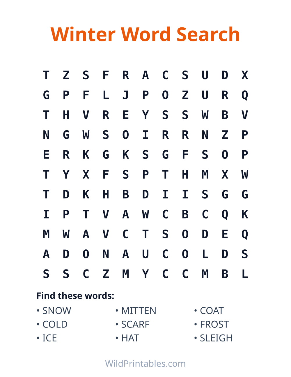 Winter Word Search — free printable word search for kids to print and color at home