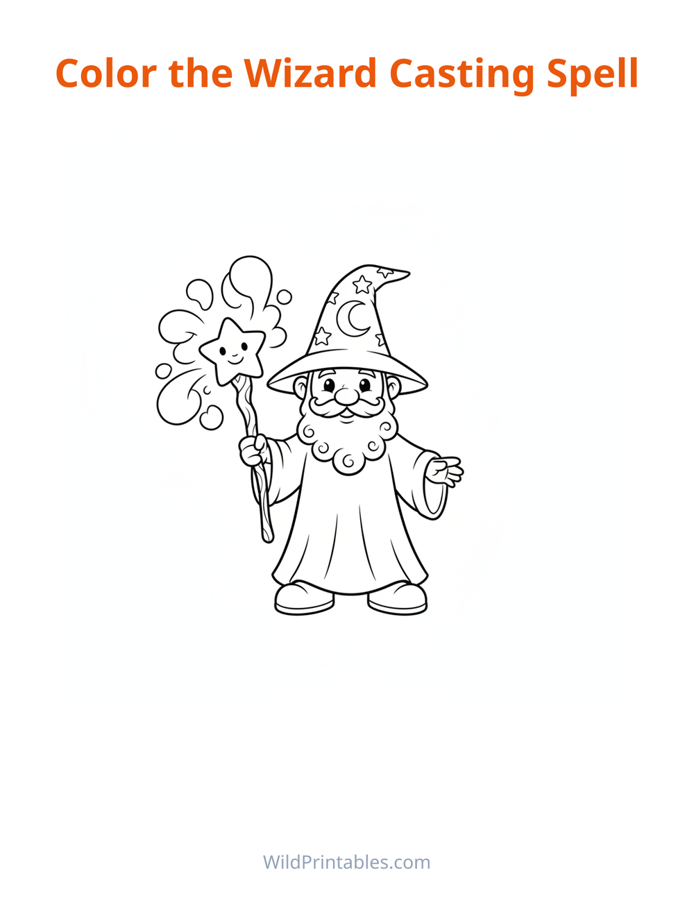 Wizard Casting Spell Coloring Page — free printable coloring for kids to print and color at home