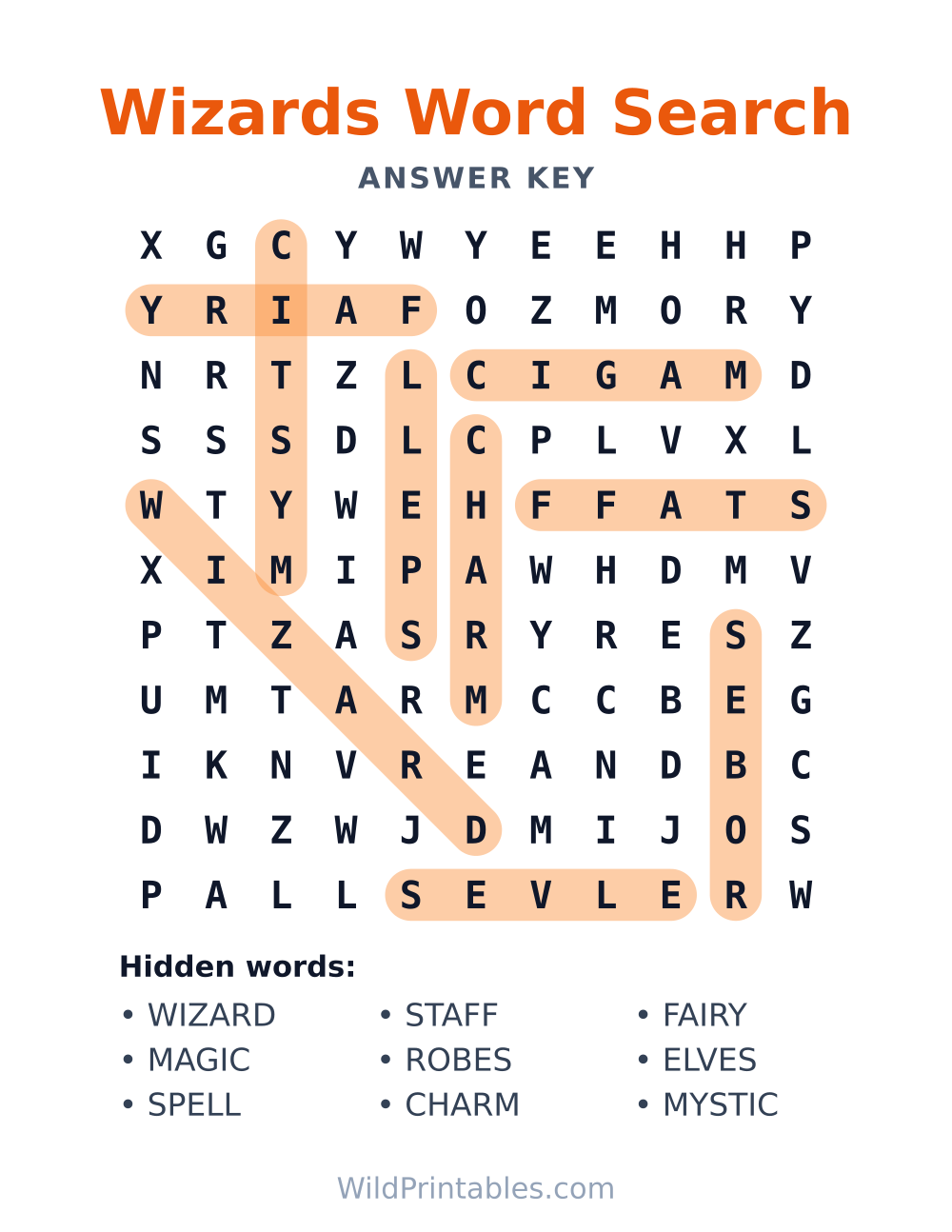 Wizards Word Search — answer key
