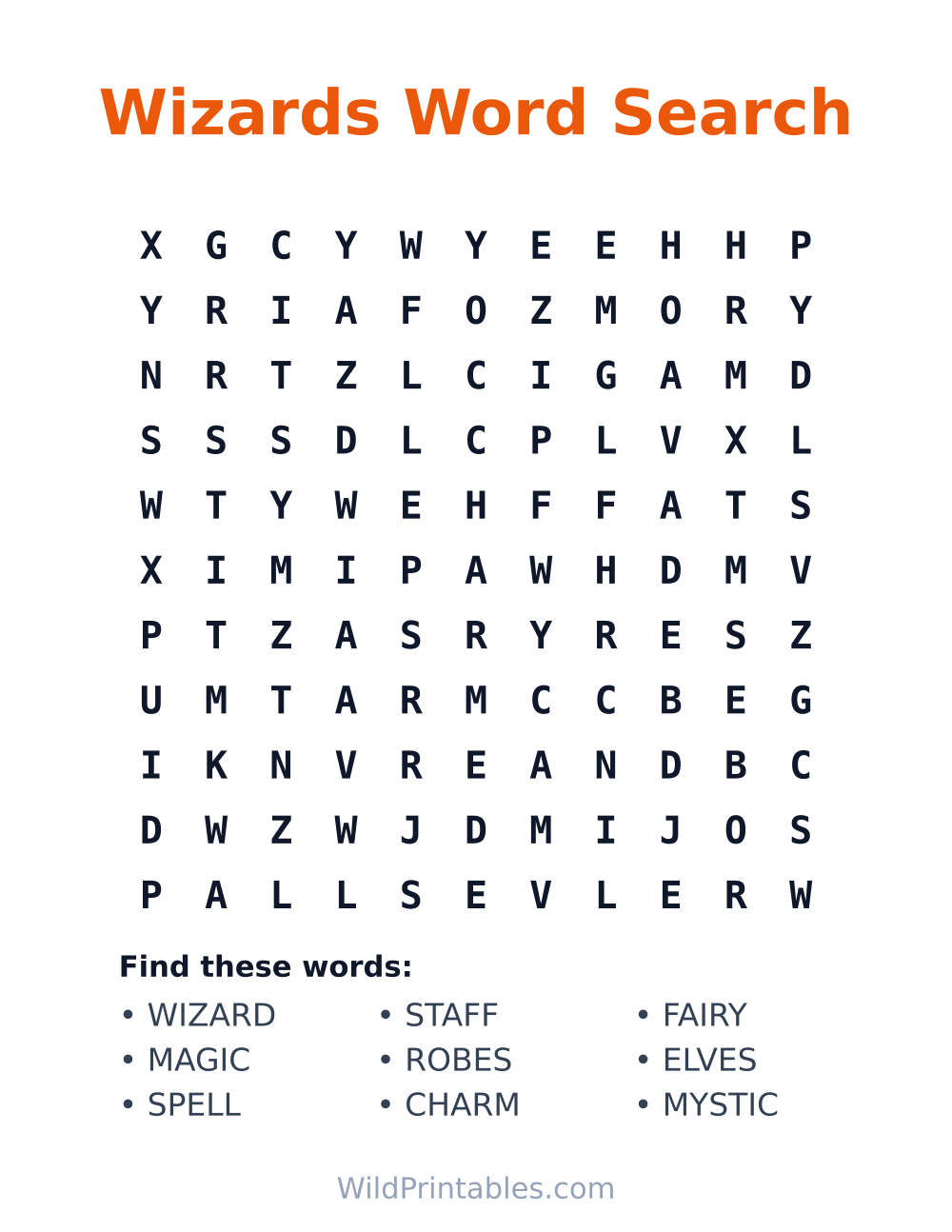 Wizards Word Search — free printable word search for kids