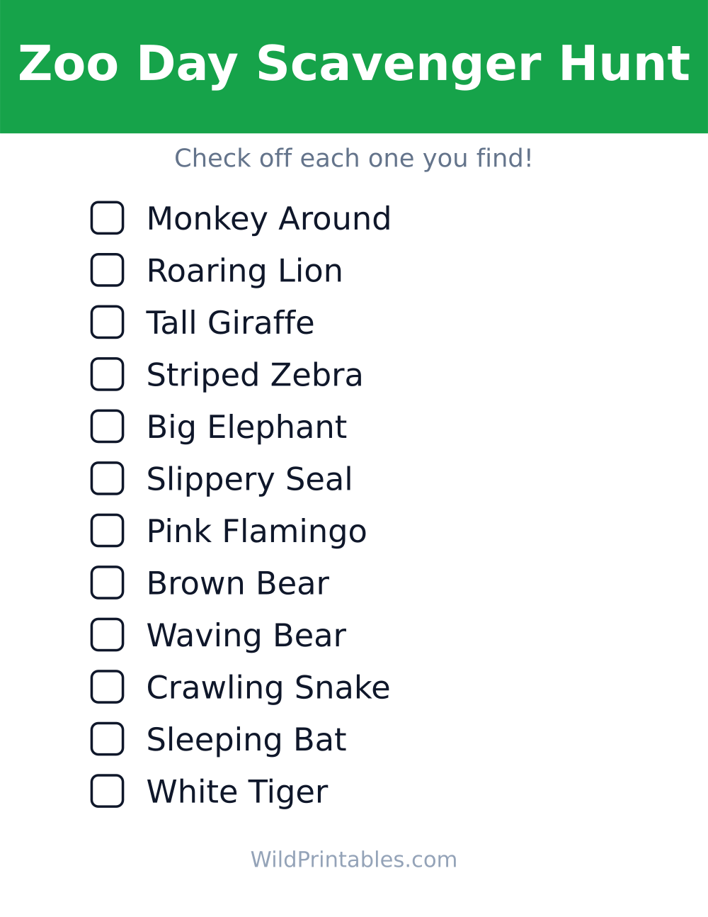 Zoo Day Scavenger Hunt — free printable scavenger hunt for kids