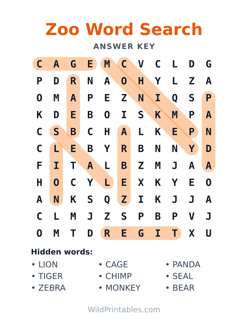 Zoo Word Search — answer key