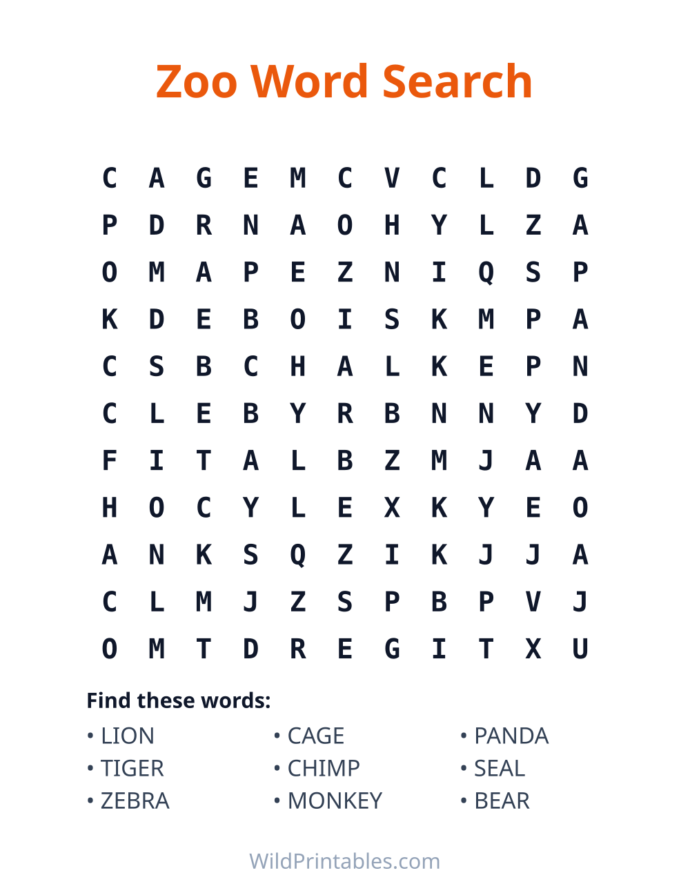 Zoo Word Search — free printable word search for kids to print and color at home